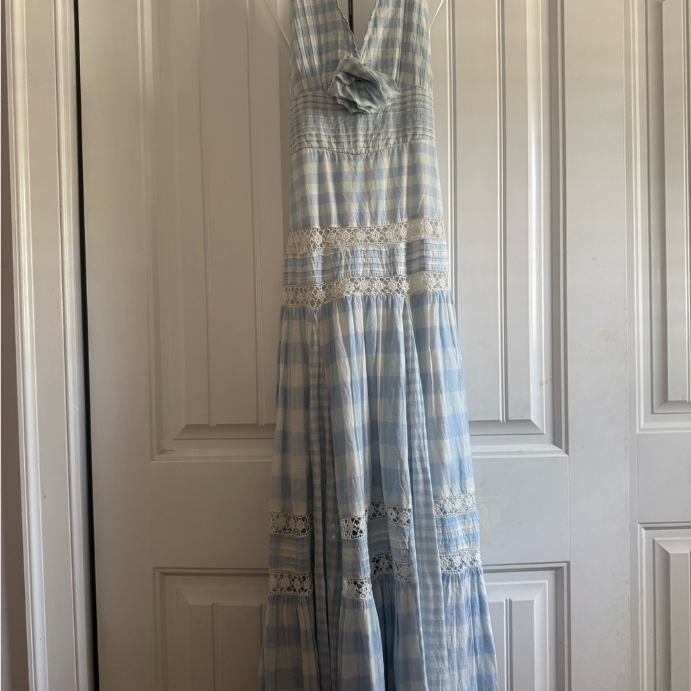 Loveshackfancy Light Blue Checkered Maxi Dress - image 4